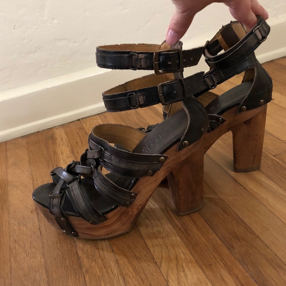 Bed Stu Mona Black Leather Wooden Heels